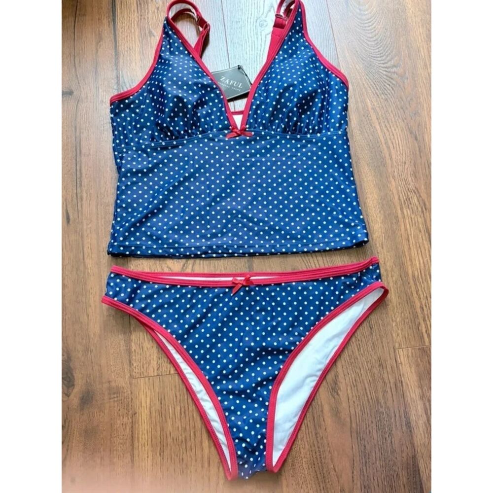 ZAFUL Navy Blue Y2K Polka Dot Bowknot Tankini Cheeky Swimsuit Set